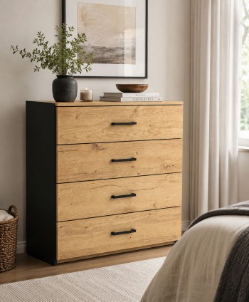 BEDROOM CHEST SORENTO  4 DRAWERS WALNUT OAK/BLACK WOODGRAIN 4612  L810  W395  H1000  MM