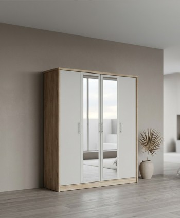 BEDROOM WARDROBE  COSTA IVORY 4 DOOR OAK/SNOWY WHITE  (W1630*D530*H2000 MM) WITH MIRROR (H2000 MM)